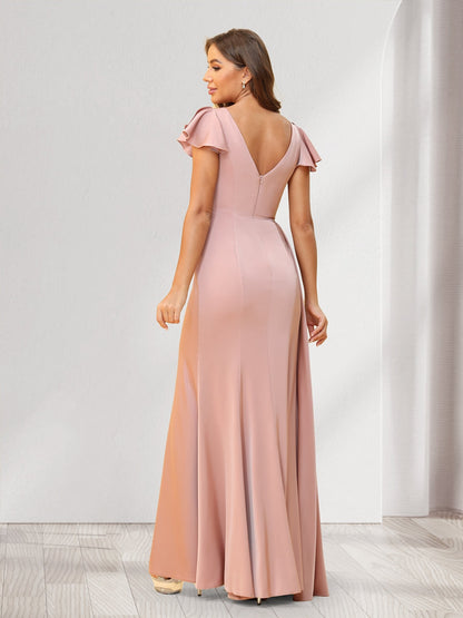 Sheath/Column V-Neck Floor-Length Ruched Bridesmaid Dresses With Ruffles & Split Side