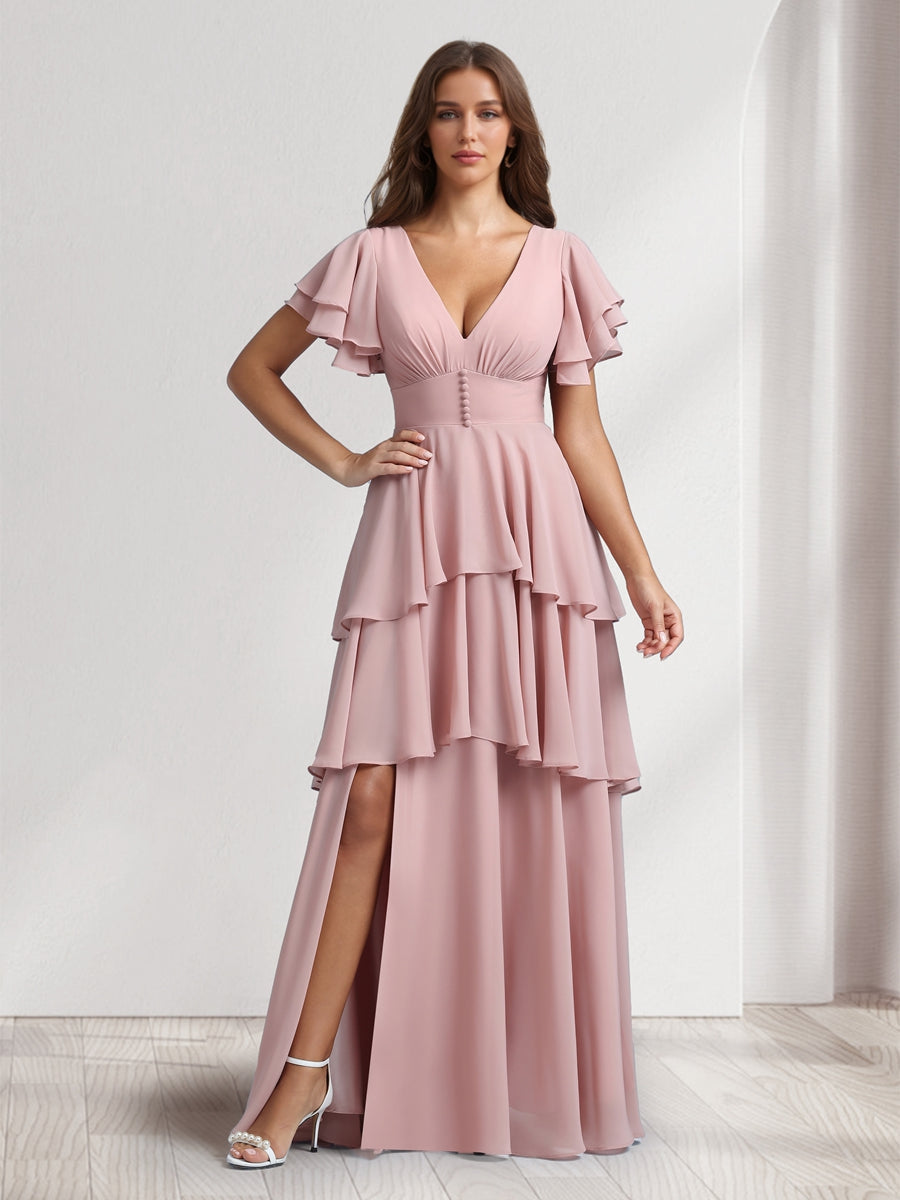 A-Line/Princess V-Neck Short Sleeves Bridesmaid Dresses With Cascading Ruffles & Split Side