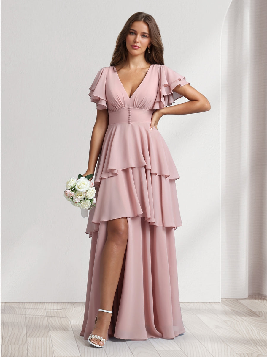 A-Line/Princess V-Neck Short Sleeves Bridesmaid Dresses With Cascading Ruffles & Split Side