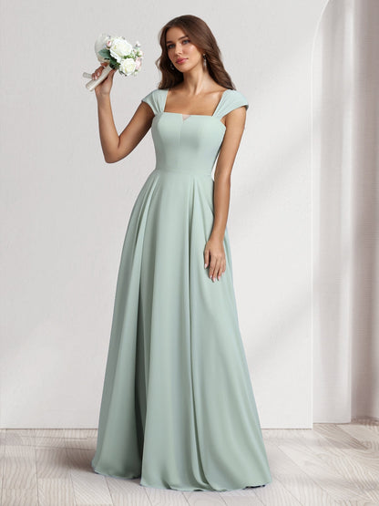 A-Line/Princess Square Neck Floor-Length Bridesmaid Dresses With Pockets