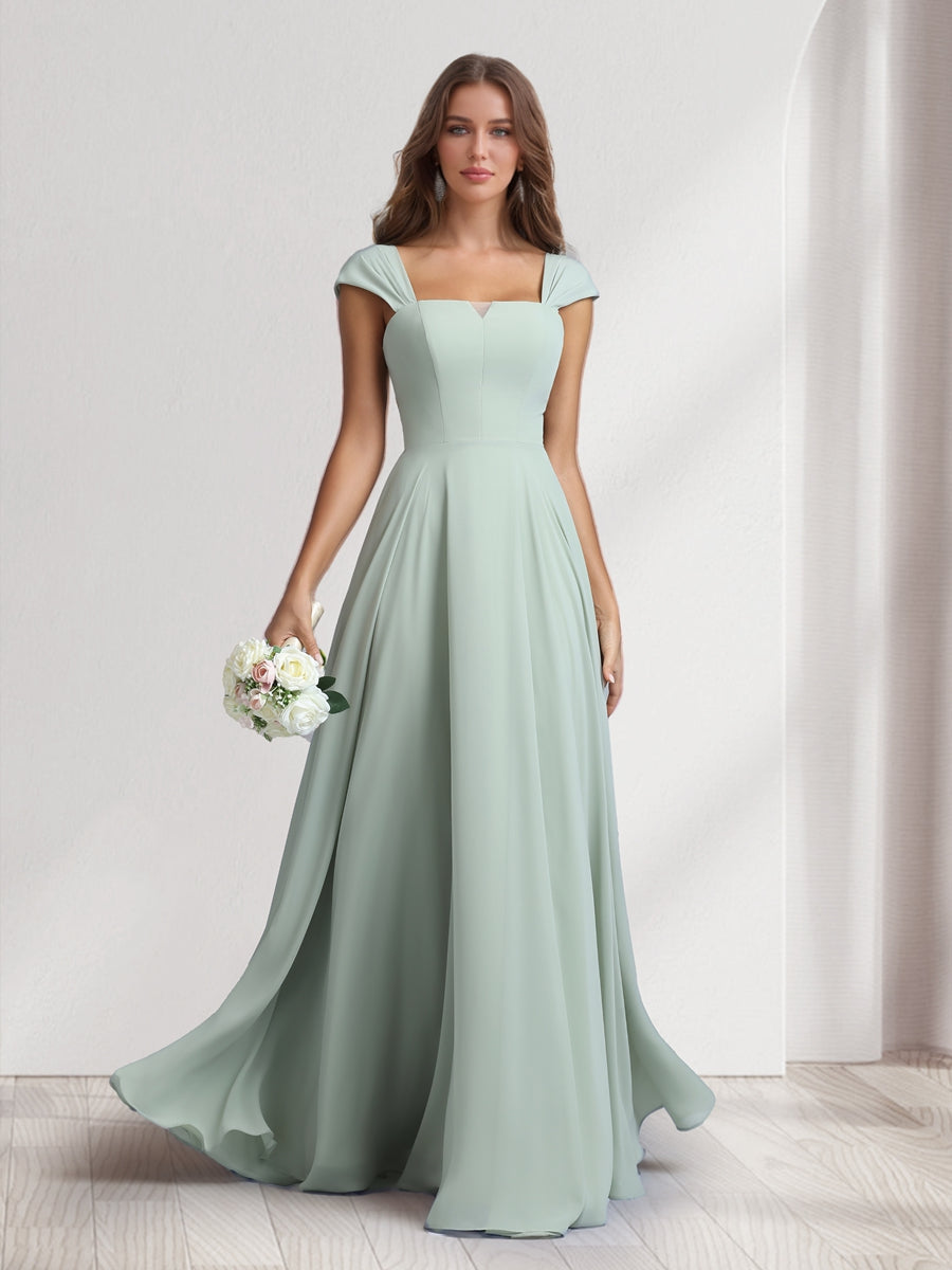 A-Line/Princess Square Neck Floor-Length Bridesmaid Dresses With Pockets