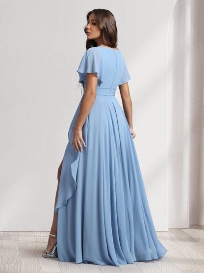 A-Line/Princess V-Neck Short Sleeves Bridesmaid Dresses With Ruffles & Split Side
