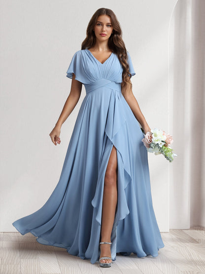 A-Line/Princess V-Neck Short Sleeves Bridesmaid Dresses With Ruffles & Split Side