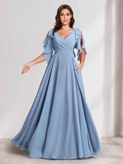 A-Line/Princess V-Neck Short Sleeves Long Bridesmaid Dresses With Ruffles & Belt