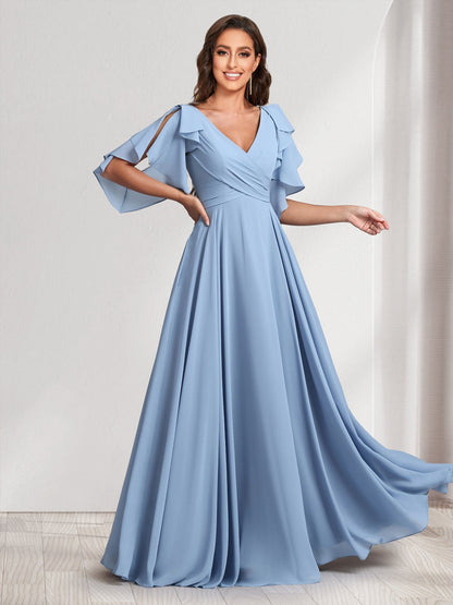 A-Line/Princess V-Neck Short Sleeves Long Bridesmaid Dresses With Ruffles & Belt