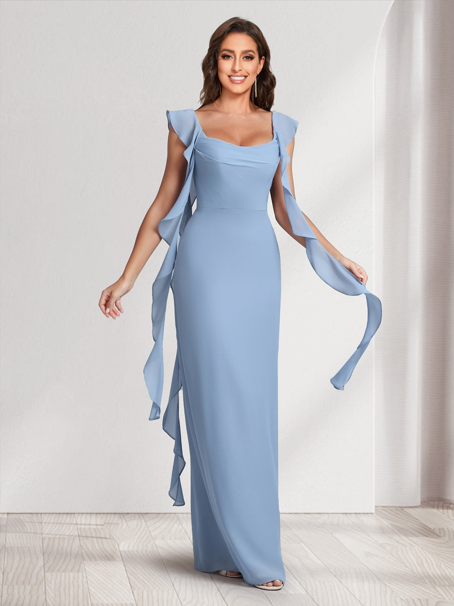 Sheath/Column Scoop Floor-Length Bridesmaid Dresses with Ruffle Straps