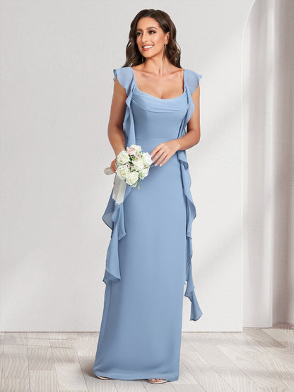 Sheath/Column Scoop Floor-Length Bridesmaid Dresses with Ruffle Straps
