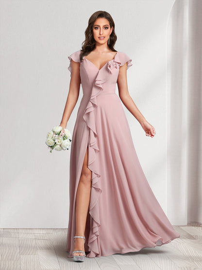 A-Line/Princess V-Neck Short Sleeves Bridesmaid Dresses With Ruffles & Split Side