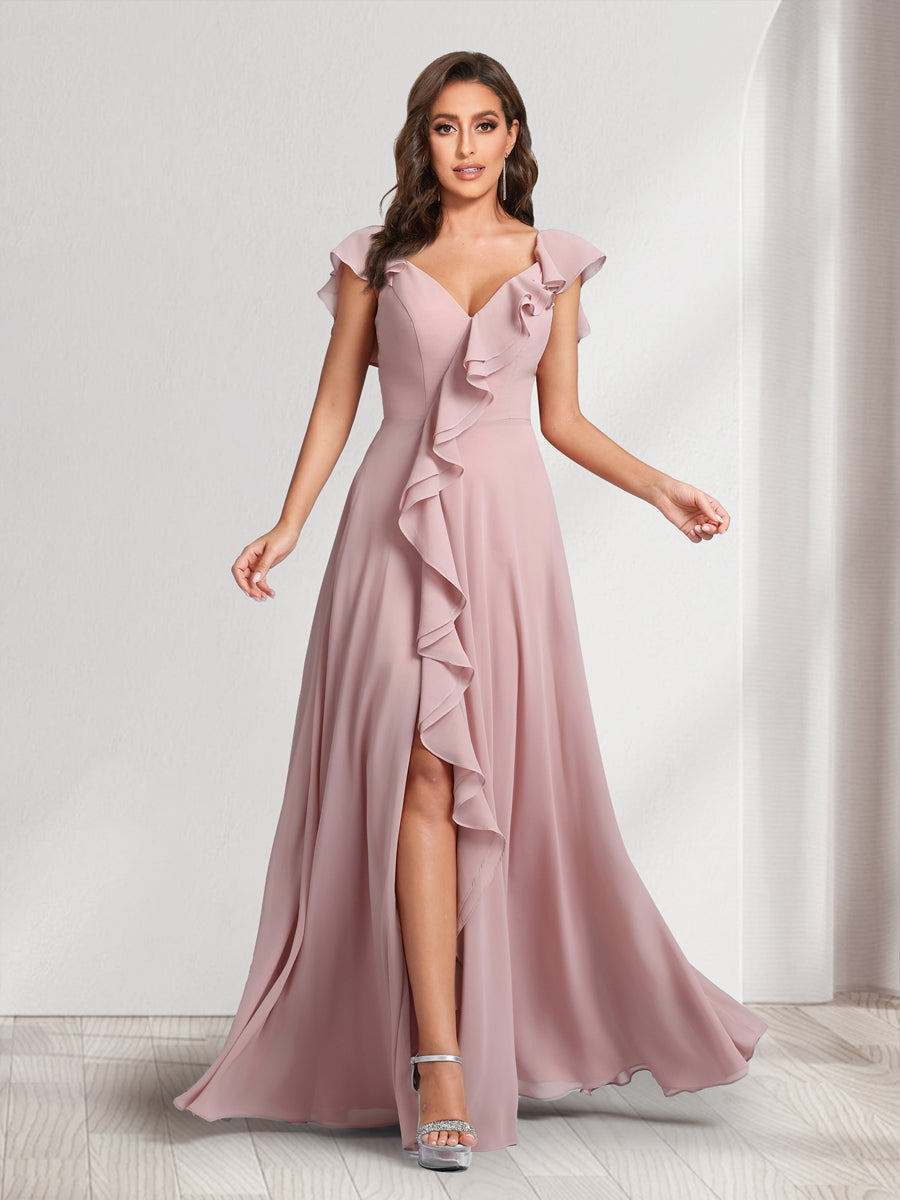 A-Line/Princess V-Neck Short Sleeves Bridesmaid Dresses With Ruffles & Split Side