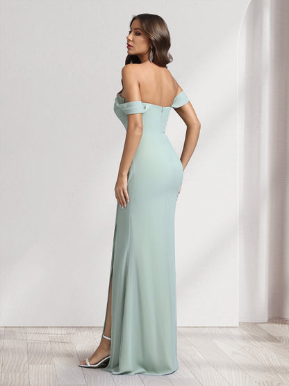 Sheath/Column Off-the-Shoulder Long Bridesmaid Dresses with Split Side