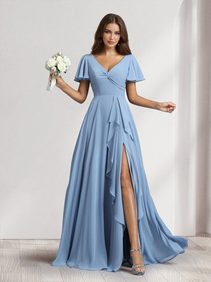 A-Line/Princess V-Neck Short Sleeves Floor-Length Bridesmaid Dresses With Ruffles & Split Side