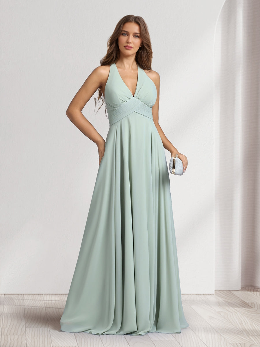 A-Line V-Neck Halter Sleeveless Floor-Length Bridesmaid Dresses With Pleats