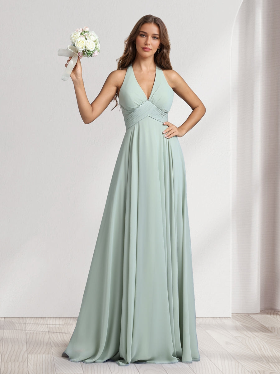 A-Line V-Neck Halter Sleeveless Floor-Length Bridesmaid Dresses With Pleats