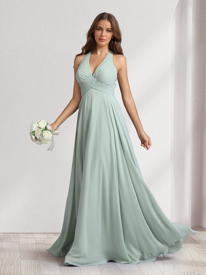 A-Line V-Neck Halter Sleeveless Floor-Length Bridesmaid Dresses With Pleats