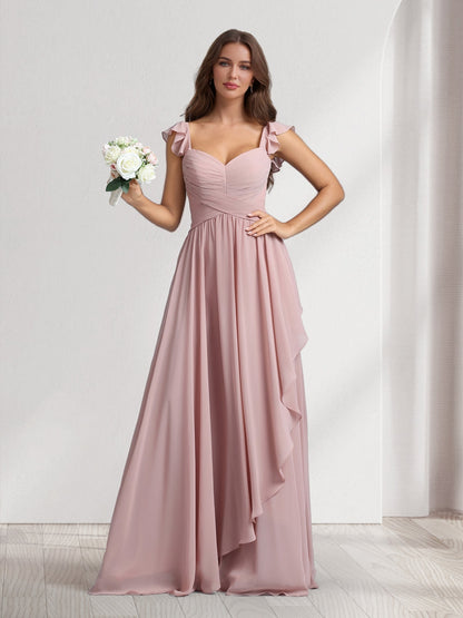A-Line/Princess V-Neck Spaghetti Straps Sleeveless Floor-Length Bridesmaid Dresses With Ruffles & Pleats