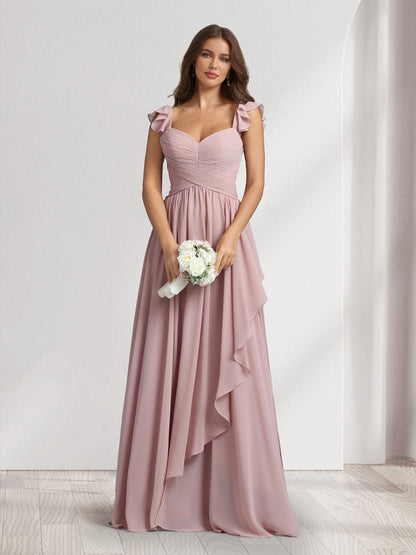 A-Line/Princess V-Neck Spaghetti Straps Sleeveless Floor-Length Bridesmaid Dresses With Ruffles & Pleats