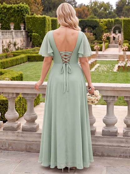 A-Line/Princess V-Neck Short Sleeves Floor-Length Chiffon Plus Size Bridesmaid Dresses with Split Side