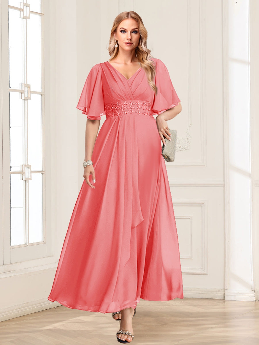 A-Line/Princess V-Neck Short Sleeves Mother of the Bride Dresses with Ruffles