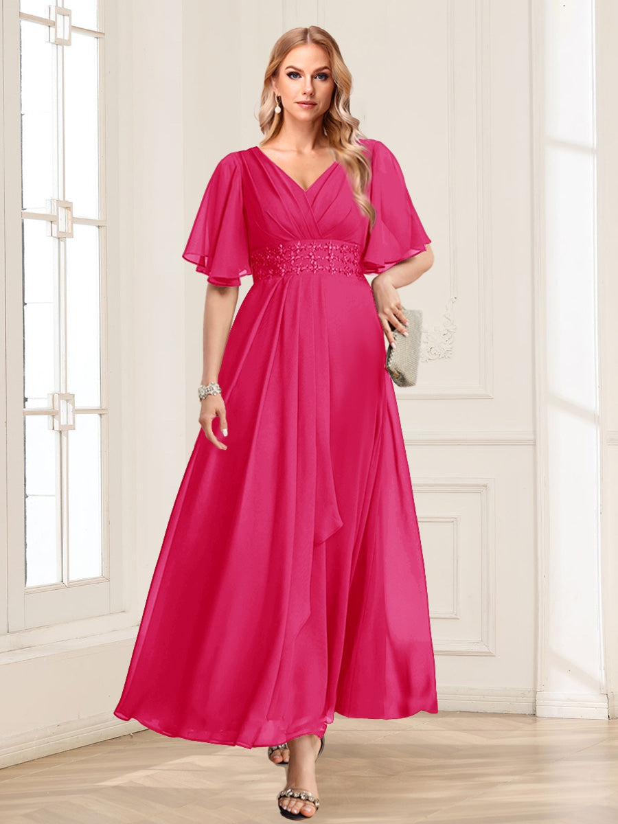 A-Line/Princess V-Neck Short Sleeves Mother of the Bride Dresses with Ruffles