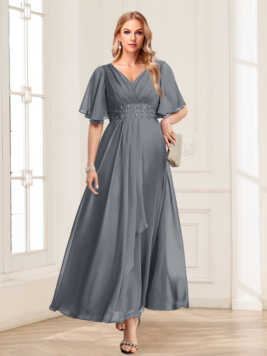 A-Line/Princess V-Neck Short Sleeves Mother of the Bride Dresses with Ruffles