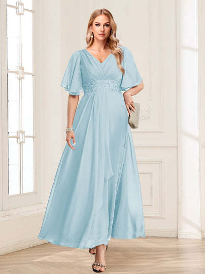 A-Line/Princess V-Neck Short Sleeves Mother of the Bride Dresses with Ruffles