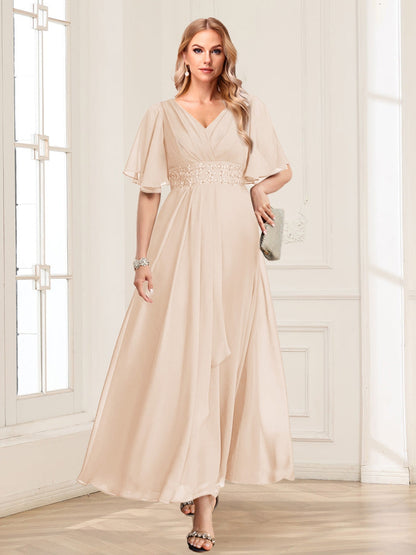 A-Line/Princess V-Neck Short Sleeves Mother of the Bride Dresses with Ruffles