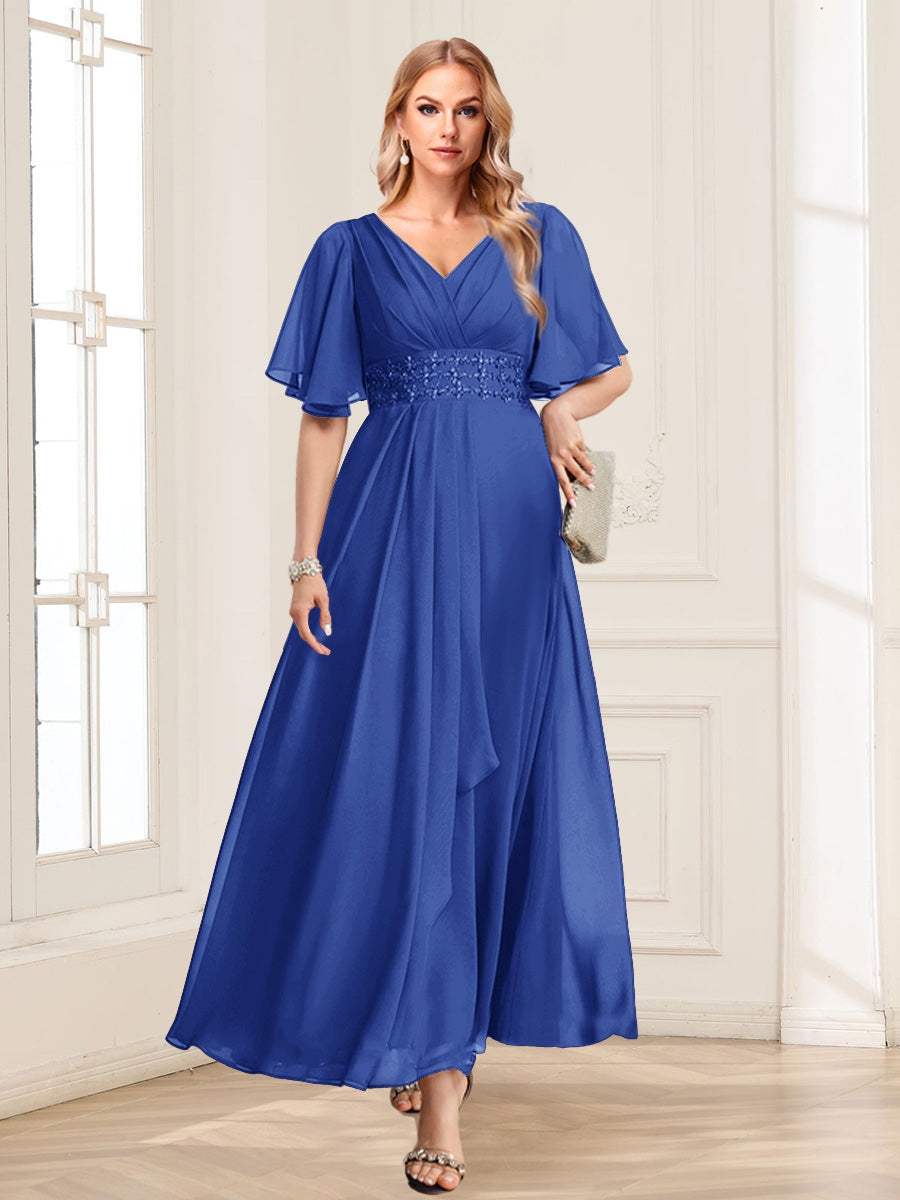 A-Line/Princess V-Neck Short Sleeves Mother of the Bride Dresses with Ruffles