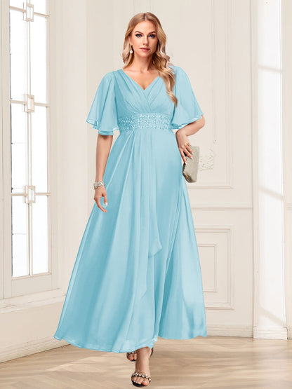 A-Line/Princess V-Neck Short Sleeves Mother of the Bride Dresses with Ruffles