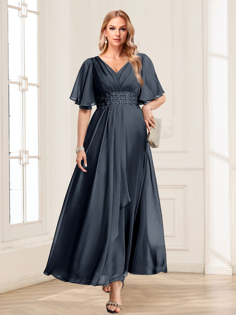 A-Line/Princess V-Neck Short Sleeves Mother of the Bride Dresses with Ruffles