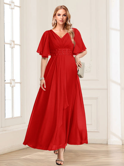 A-Line/Princess V-Neck Short Sleeves Mother of the Bride Dresses with Ruffles