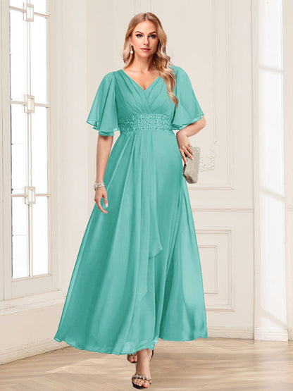 A-Line/Princess V-Neck Short Sleeves Mother of the Bride Dresses with Ruffles
