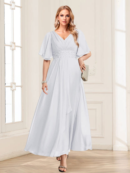 A-Line/Princess V-Neck Short Sleeves Mother of the Bride Dresses with Ruffles