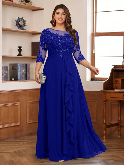 Chiffon A-Line/Princess Scoop 3/4 Sleeves Plus Size Mother of the Bride Dresses with Appliques & Ruffles