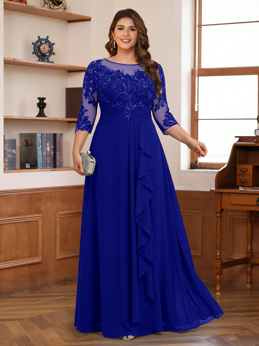 Chiffon A-Line/Princess Scoop 3/4 Sleeves Plus Size Mother of the Bride Dresses with Appliques & Ruffles