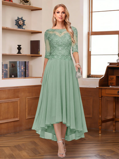 A-Line/Princess Half Sleeves Scoop Asymmetrical Mother of the Bride Dresses with Ruched & Applique