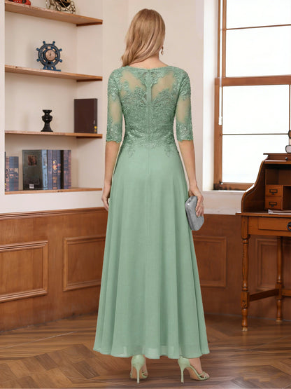 A-Line/Princess Half Sleeves Scoop Asymmetrical Mother of the Bride Dresses with Ruched & Applique