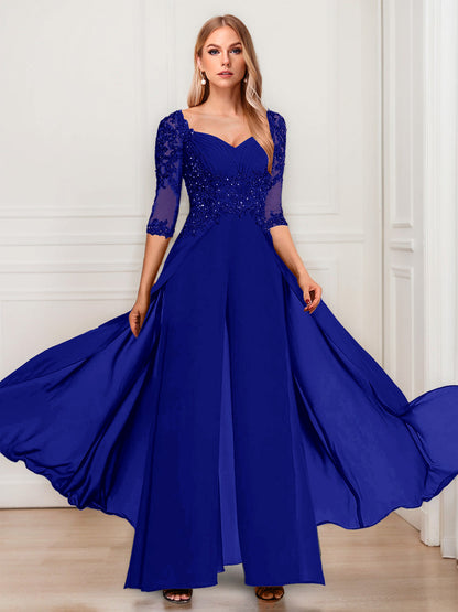 Chiffon V-Neck Half Sleeves Mother of the Bride Pantsuits with Applique