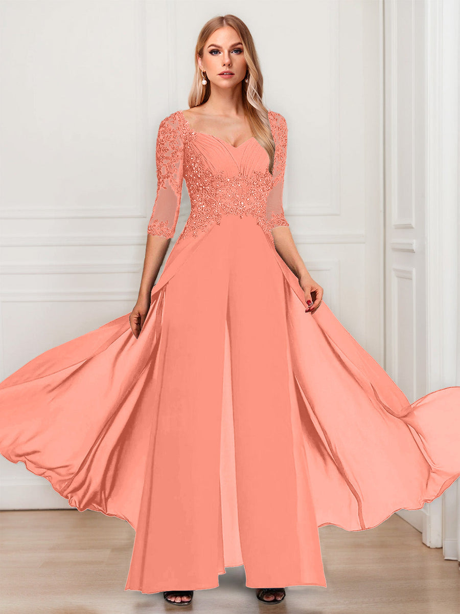 Chiffon V-Neck Half Sleeves Mother of the Bride Pantsuits with Applique