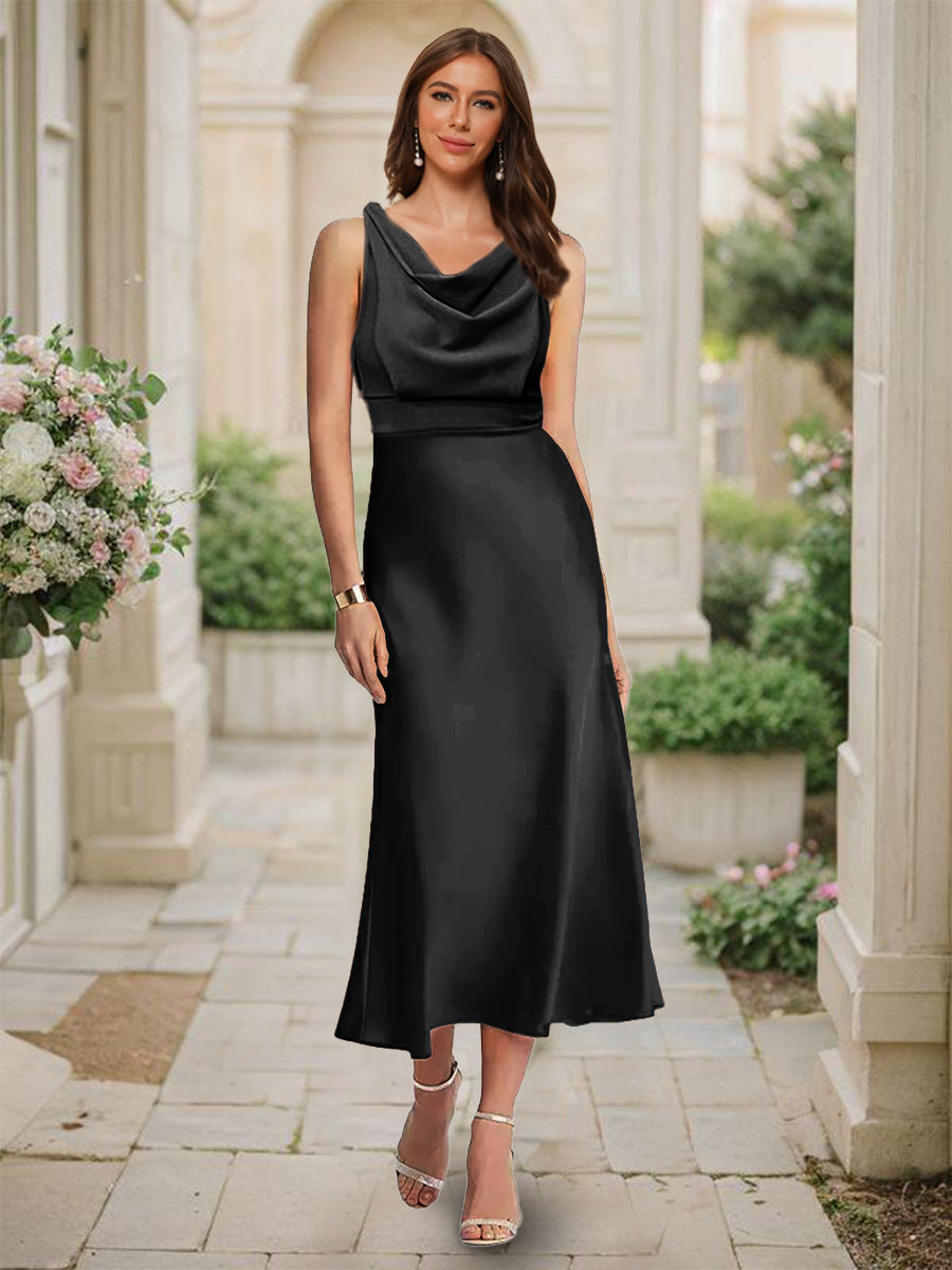 Trumpet/Mermaid Cowl Neck Sleeveless Tea-Length Ruched Bridesmaid Dresses