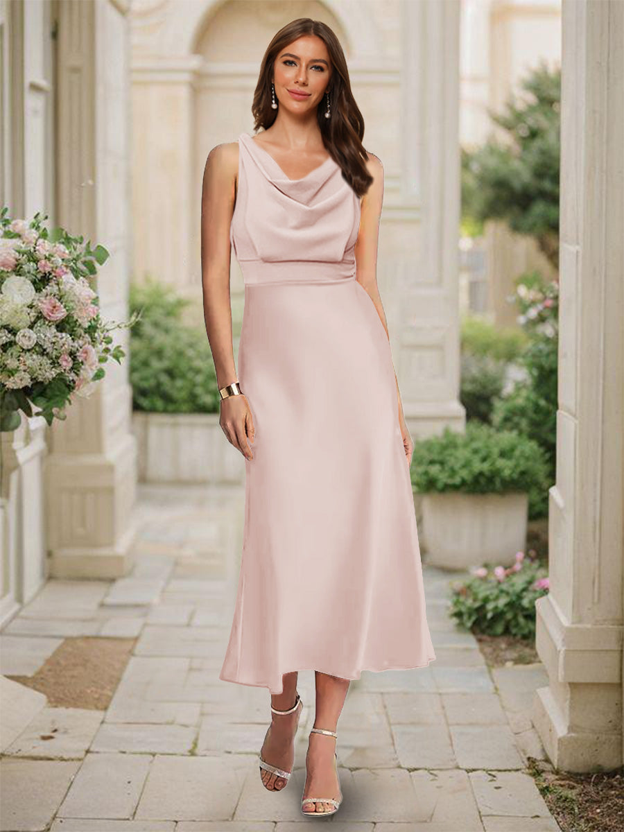 Trumpet/Mermaid Cowl Neck Sleeveless Tea-Length Ruched Bridesmaid Dresses