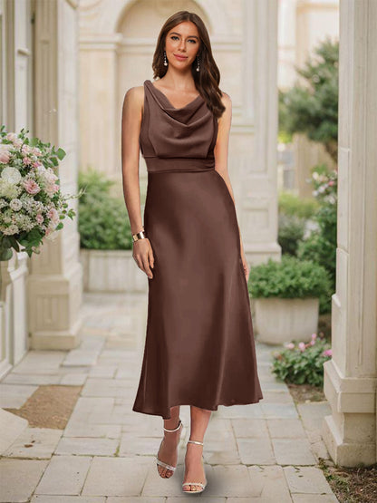 Trumpet/Mermaid Cowl Neck Sleeveless Tea-Length Ruched Bridesmaid Dresses