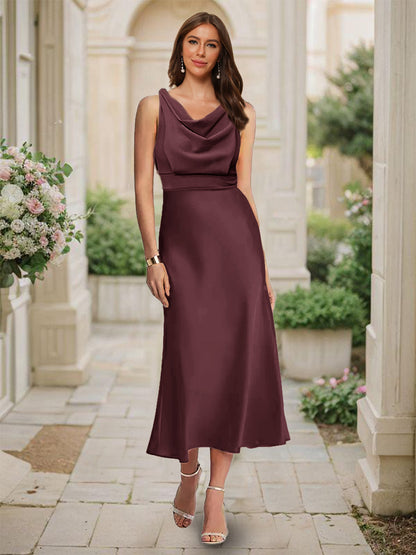 Trumpet/Mermaid Cowl Neck Sleeveless Tea-Length Ruched Bridesmaid Dresses