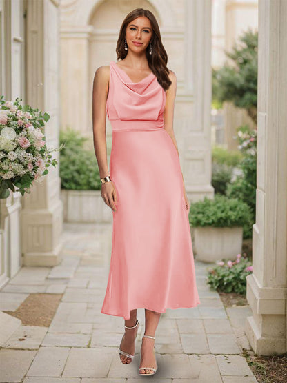 Trumpet/Mermaid Cowl Neck Sleeveless Tea-Length Ruched Bridesmaid Dresses
