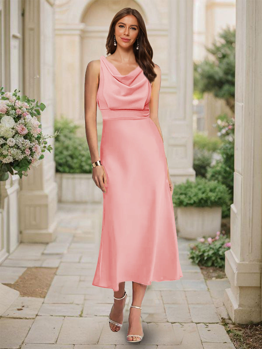 Trumpet/Mermaid Cowl Neck Sleeveless Tea-Length Ruched Bridesmaid Dresses