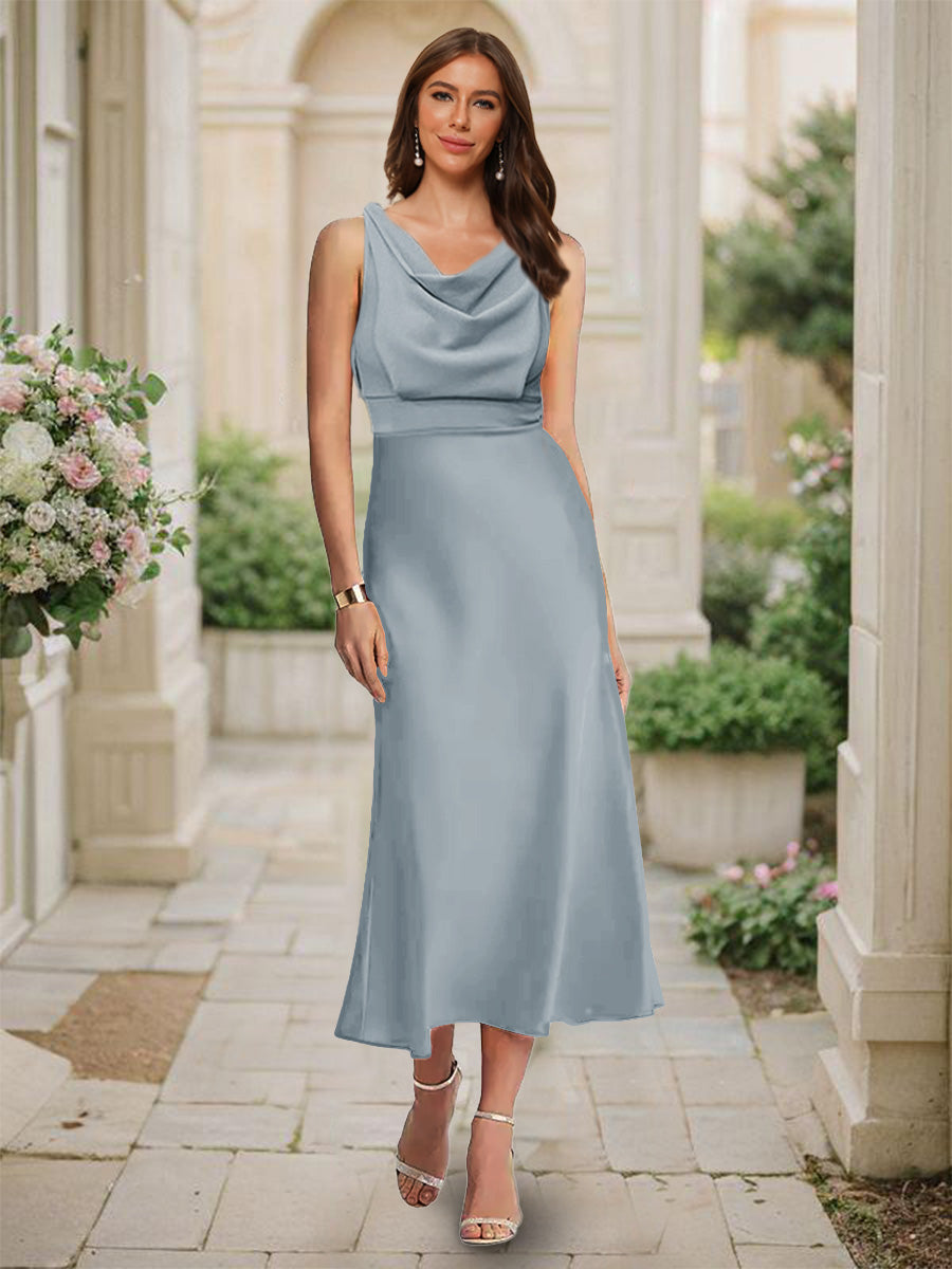 Trumpet/Mermaid Cowl Neck Sleeveless Tea-Length Ruched Bridesmaid Dresses