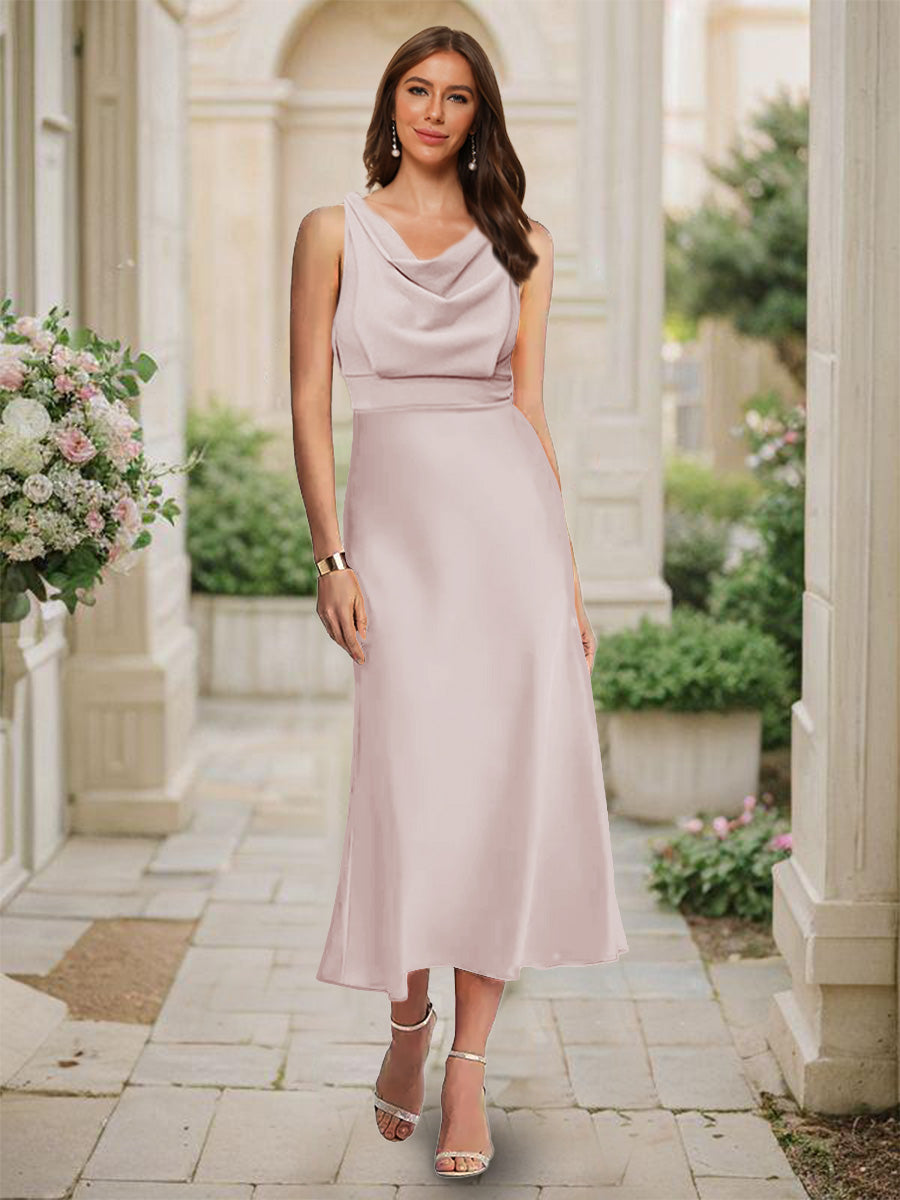 Trumpet/Mermaid Cowl Neck Sleeveless Tea-Length Ruched Bridesmaid Dresses