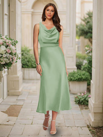 Trumpet/Mermaid Cowl Neck Sleeveless Tea-Length Ruched Bridesmaid Dresses