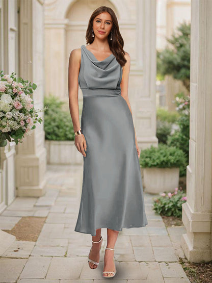 Trumpet/Mermaid Cowl Neck Sleeveless Tea-Length Ruched Bridesmaid Dresses