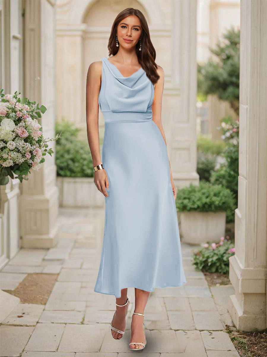 Trumpet/Mermaid Cowl Neck Sleeveless Tea-Length Ruched Bridesmaid Dresses