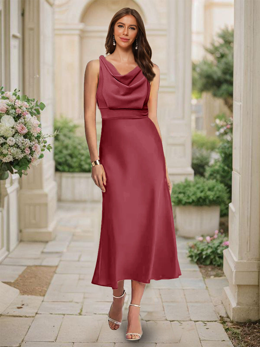 Trumpet/Mermaid Cowl Neck Sleeveless Tea-Length Ruched Bridesmaid Dresses